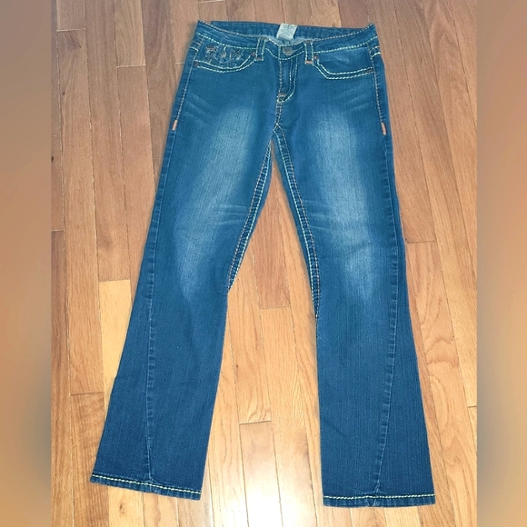 VINTAGE TRUE RELIGION RAINBOW FLAP POCKETS SIZE 28X28 Dark wash johnny - Picture 3 of 16